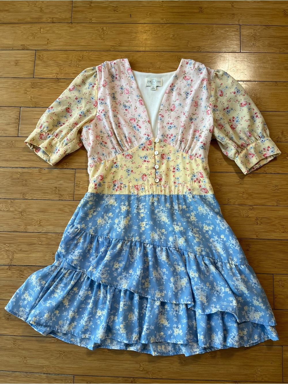 June & Ivy Floral Cottagecore Patchwork Mini Dress in Pink, Yellow & Blue